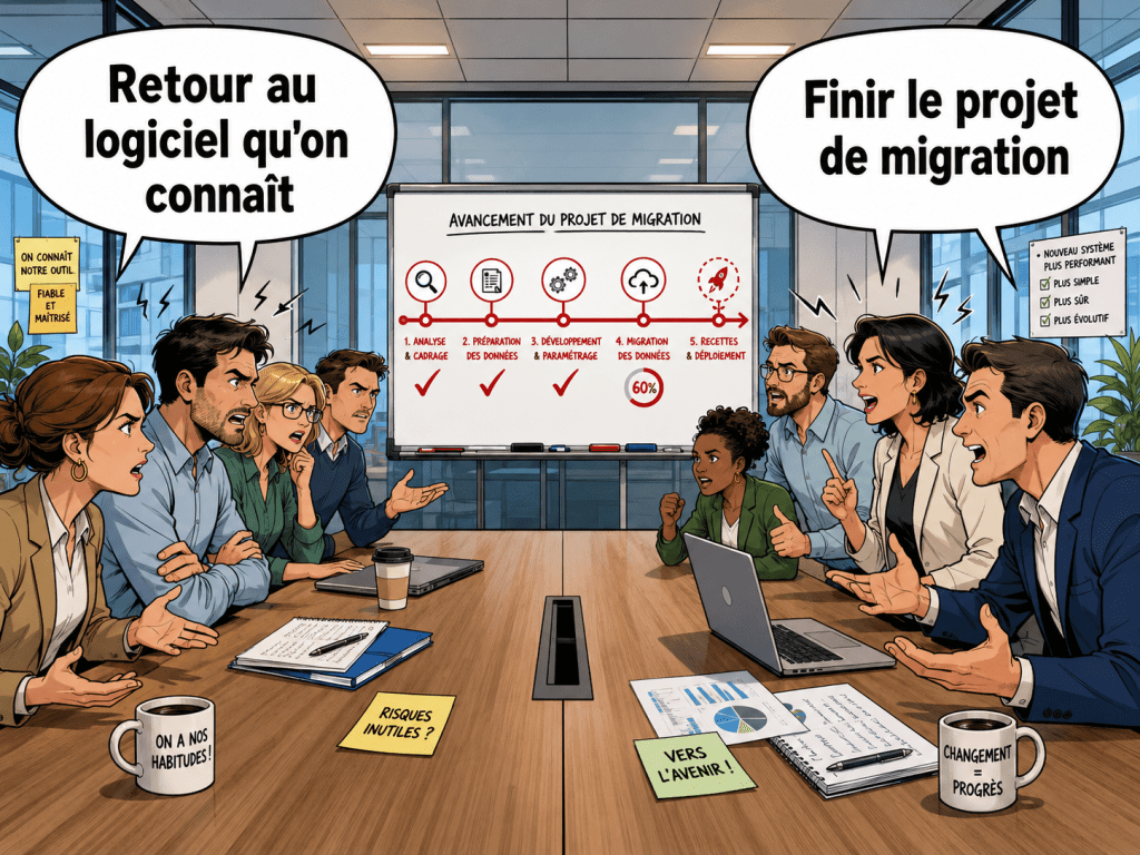 Finir le projet de migration ou revenir au logiciel maison existant ?